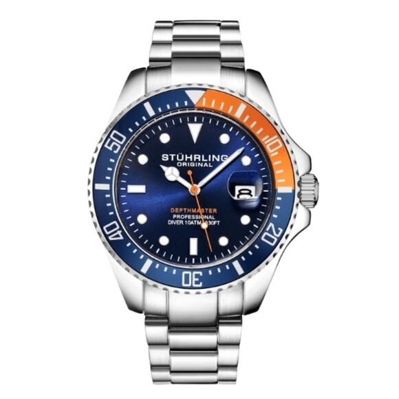 STÜHRLING MEN'S DEPTH MASTER WATCH WITH SILVER CASE AND SILVER BRACELET